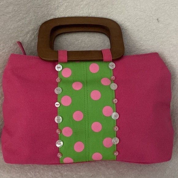 Madison Studio Polka Dots Purse Clutch Wooden Handles Pink Green Embellished - Picture 1 of 9